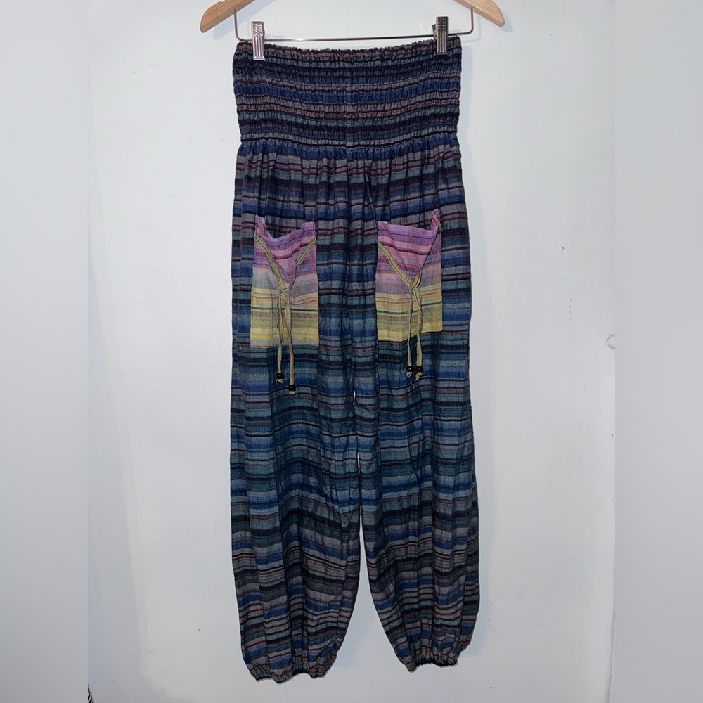 Boho Blue Striped Smocked Waist Harem Hippie Pants Size M/L